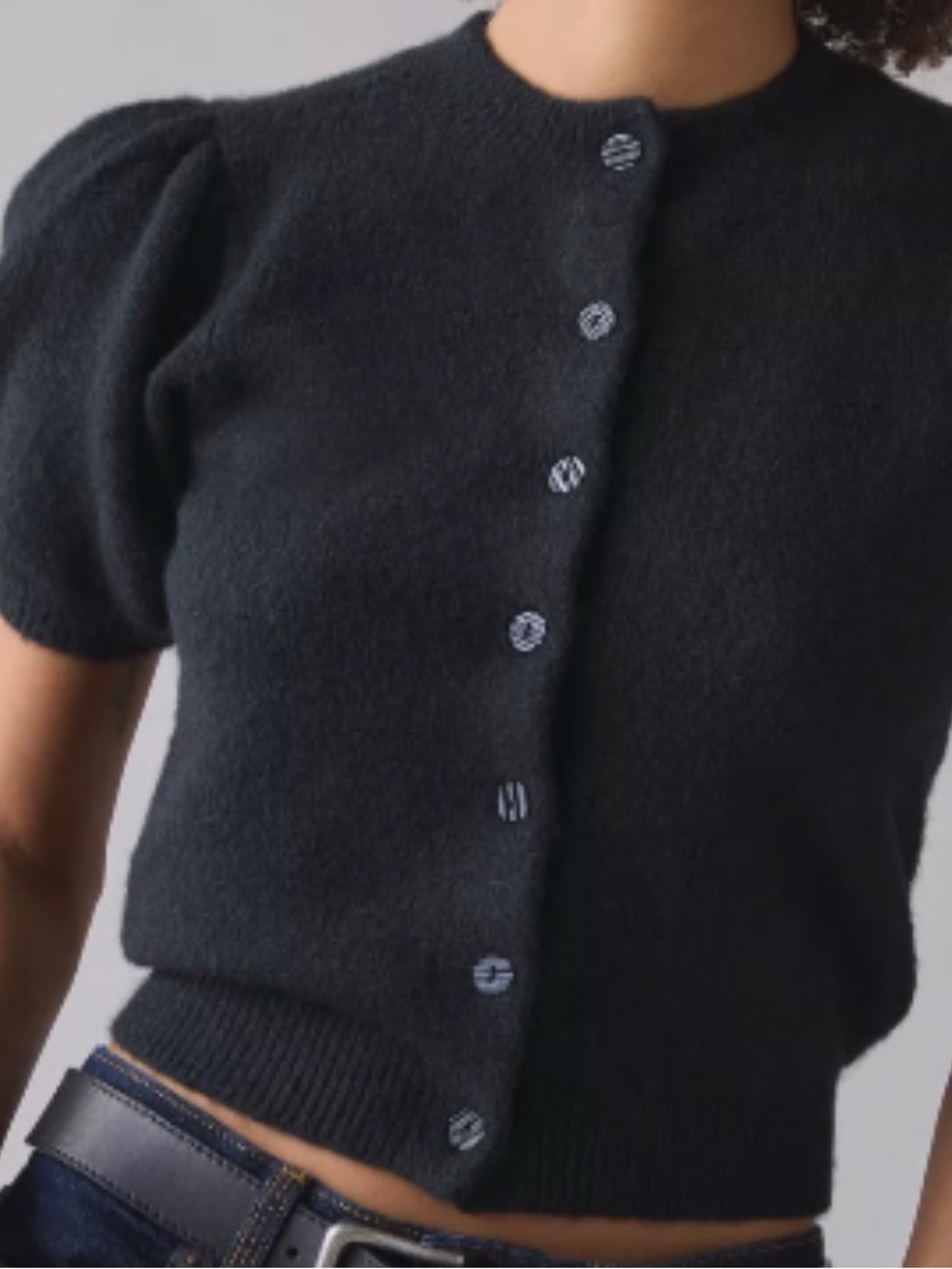 Urban Outfitters Kimchi Blue Black Puff Short-Sleeve Button Cardigan Sweater